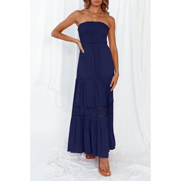 Women's Blue Summer Bohemian Strapless Off Shoulder Lace Trim Backless Flowy - Picture 8 of 9